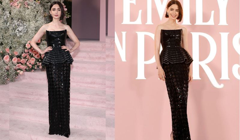 Lily Collins Tampil Mempesona di Premiere Emily in Paris dengan Gaun Hitam Berbordir